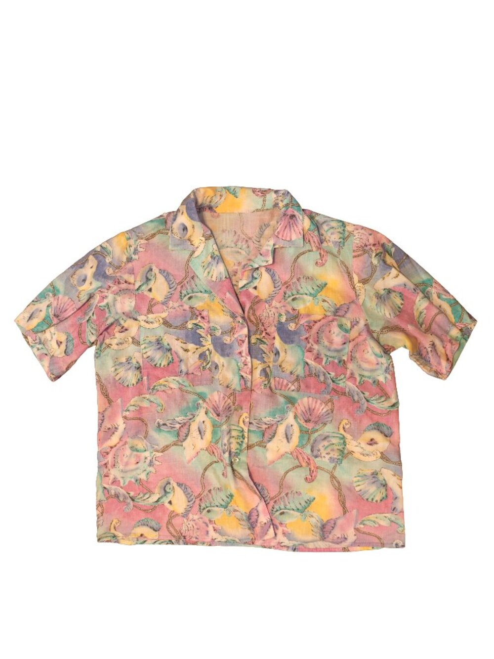 Women's Handmade Pastel Seashell Beach Button Up Linen Shirt - Large/XL